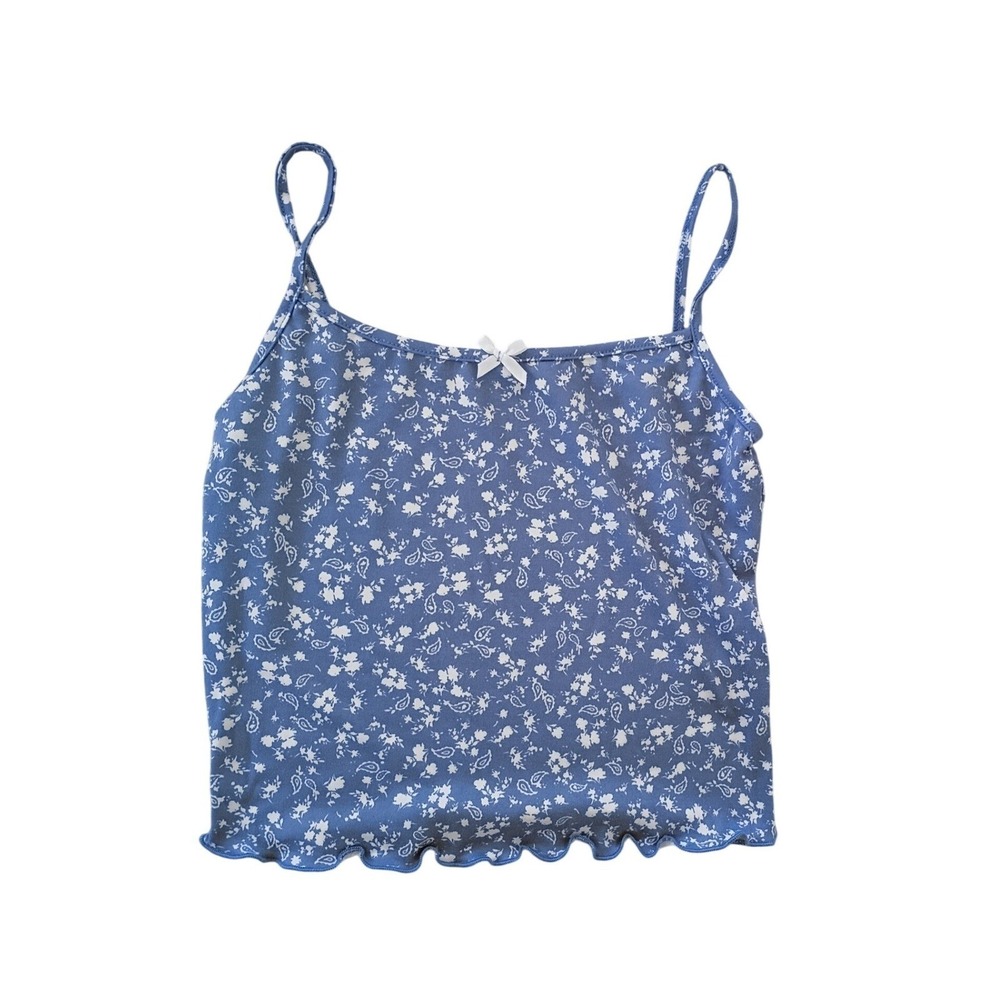 Gaze Blue Floral Paisley‎ Camisole Bow Lettuce Hem Crop Top S Fairycore